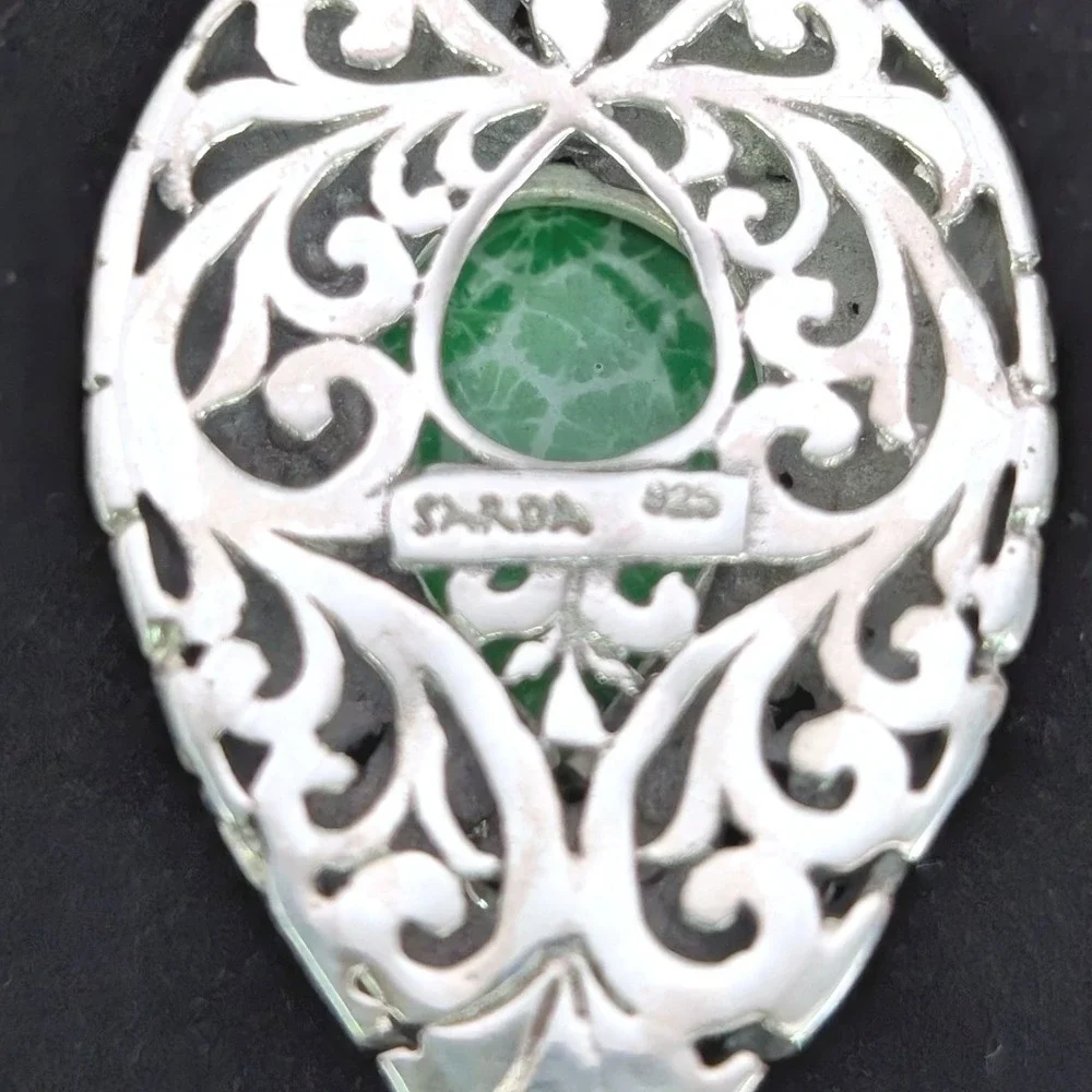 Sarda Artisan Bali 925 Silver Green Indonesian Fossilized Coral Pear Pendant